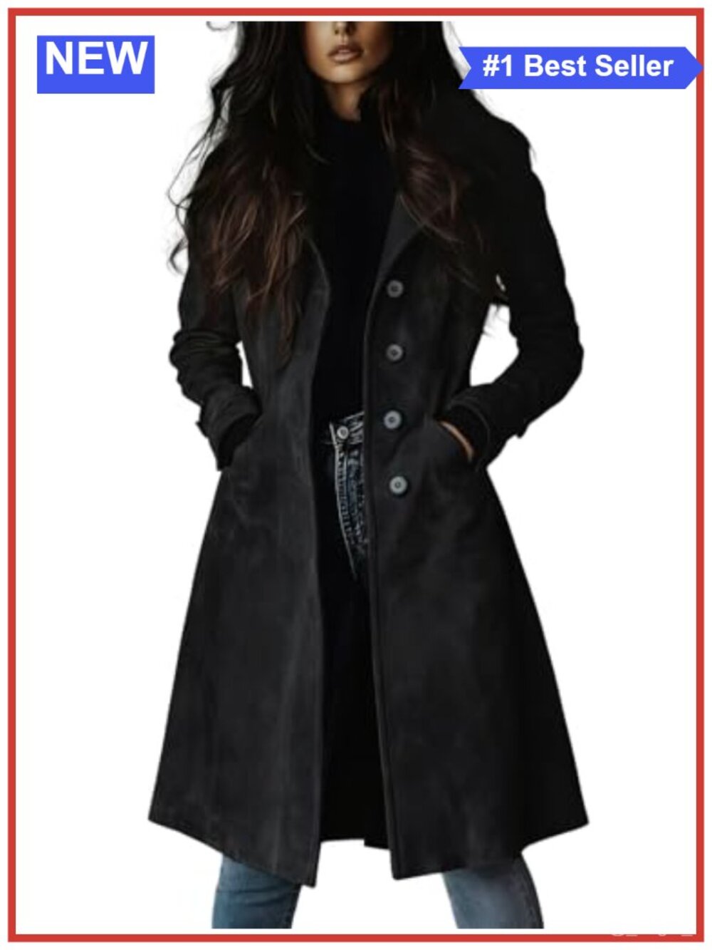Faux Suede Leather Trench Coat Midi Blazer Jacket with Pockets